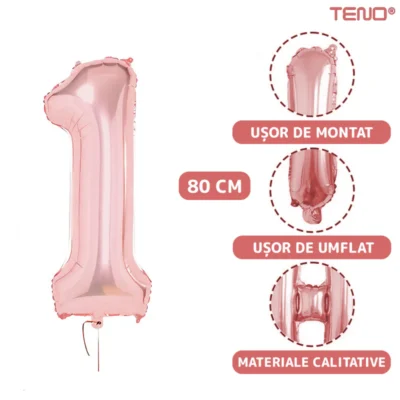 Set 12 Baloane, Cifra 1, Pentru Petreceri/Aniversari/Evenimente, Stea/Rotunde/Confetti, 3 Culori, Latex, Rose Gold, TENO1060