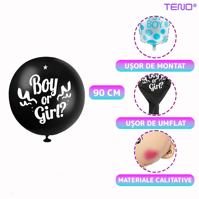 Set 7 Baloane, Pentru Petreceri/Evenimente, Baloane Bebe, Biberon, Caciulita, Confetti, Model GENDER REVEAL, Multicolor, TENO751