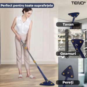 Mop Telescopic cu Cap Triunghiular, Rotire 360 Grade, Curatare Usoara, 2 Lavete Incluse, 127 cm, Albastru/Galben, TENO709