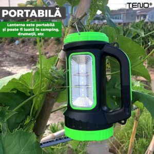Lanterna Solara de Camping Portabila, 2 Moduri de Alimentare, 5 Moduri de Iluminare, Port USB, Reincarcabila, Verde, TENO270