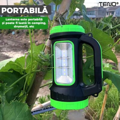 Lanterna Solara de Camping Portabila, 2 Moduri de Alimentare, 5 Moduri de Iluminare, Port USB, Reincarcabila, Verde, TENO270
