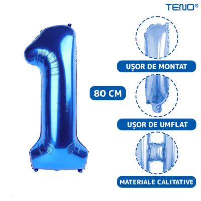 Set 12 Baloane, Cifra 1, Pentru Petreceri/Aniversari/Evenimente, Stea/Rotunde/Confetti, 3 Culori, Latex, Albastru, TENO1445