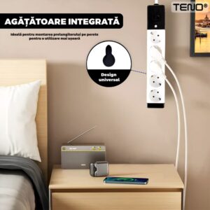 Prelungitor Universal cu 5 Prize, Suport de Agatare Incorporat, Rezistent la Temperaturi Inalte, 5 Metri, Negru/Alb, TENO1281