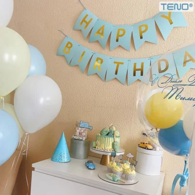 Set 5 Baloane cu Banner, Confetti, Pentru Petreceri/Aniversari/Evenimente, Model Happy Birthday, Albastru, TENO1062