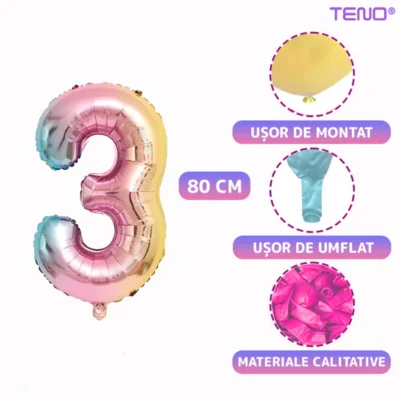 Set 14 Baloane, Cifra 3, Pentru Petreceri/Aniversari/Evenimente, Coronita, Balon Cifra, Baloane Clasice, Multicolor, TENO1045