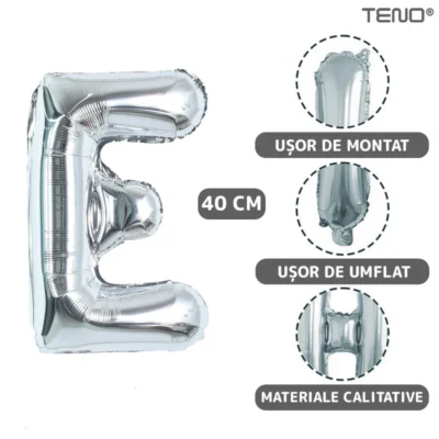 Balon in Forma de Litera E, Metalizat, Pentru Petreceri/Aniversari/Evenimente, 40cm, Rezistent, Folie, Argintiu, TENO1022