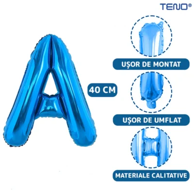 Balon in Forma de Litera A, Metalizat, Pentru Petreceri/Aniversari/Evenimente, 40 cm, Rezistent, Folie, Albastru, TENO1021