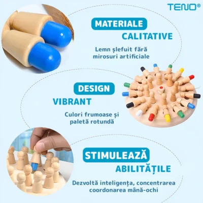 Joc de Memorie Tip Sah, Tabla de Lemn Rotunda, Piese Colorate, Dezvolta Abilitatile de Memorare si Inteligenta, Zar Inclus, TENO1198