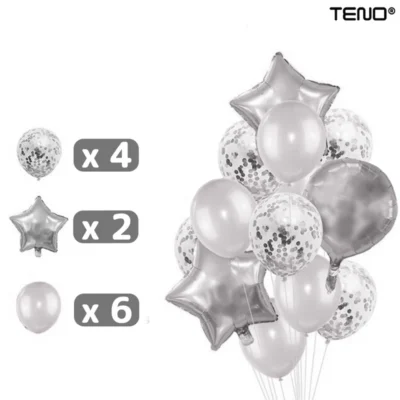 Set 27 Baloane, Litere, Pentru Petreceri/Aniversari/Evenimente, Confetti, Stelute, Inimioare, Model Happy Birthday, Argintiu, TENO718