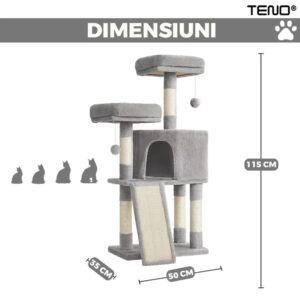 Ansamblu de Joaca Pentru Pisici, 2 Platforme de Observatie, 3 Niveluri, Franghie si Mingiute, Stalpi Pentru Zgariat, 115 cm, TENO623