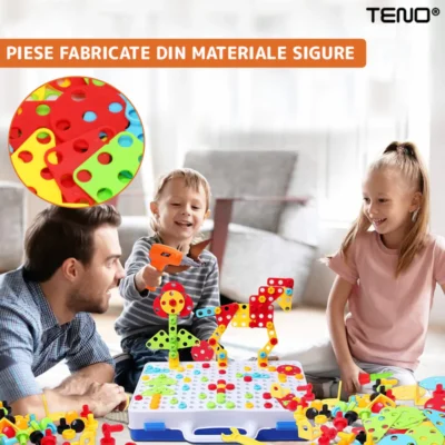 Jucarie Educativa si Interactiva 4in1, 237 Piese, Bormasina Pentru Inginerie, Puzzle 3D/2D, Dezvoltare STEM, Montessori, Multicolor, TENO514