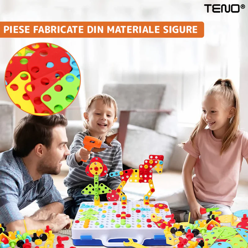 Jucarie Educativa si Interactiva 4in1, 237 Piese, Bormasina Pentru Inginerie, Puzzle 3D/2D, Dezvoltare STEM, Montessori, Multicolor, TENO514