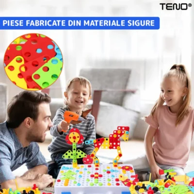 Jucarie Educativa si Interactiva 4in1, 151 Piese, Bormasina Pentru Inginerie, Puzzle 3D/2D, Dezvoltare STEM, Montessori, Multicolor, TENO511