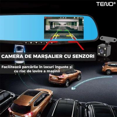 Oglinda Auto Retrovizoare cu Camera Duala, Video Full HD 1080P, Senzor G, 32GB, Night Vision, Display 2.8 inch, Linii Ghidaj Parcare, TENO493