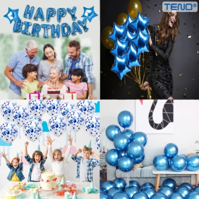 Set 25 Baloane, Litere, Pentru Petreceri/Aniversari/Evenimente, Confetti, Stelute, Model Happy Birthday, Albastru, TENO756