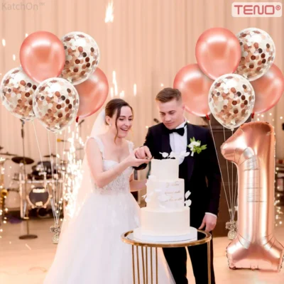 Set 12 Baloane, Cifra 1, Pentru Petreceri/Aniversari/Evenimente, Stea/Rotunde/Confetti, 3 Culori, Latex, Rose Gold, TENO1060