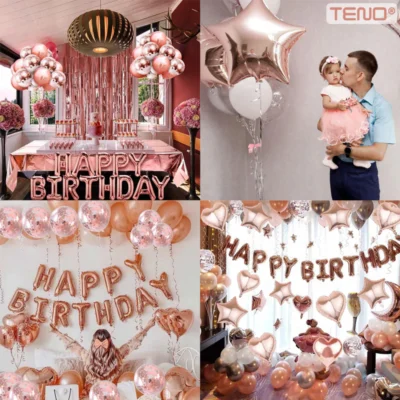 Set 25 Baloane, Litere, Pentru Petreceri/Aniversari/Evenimente, Confetti, Inimioare, Model Happy Birthday, Rose Gold, TENO754