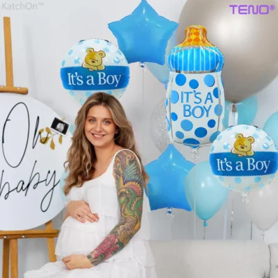 Set 7 Baloane, Pentru Petreceri/Evenimente, Baloane Bebe, Biberon, Caciulita, Confetti, Model GENDER REVEAL, Multicolor, TENO751