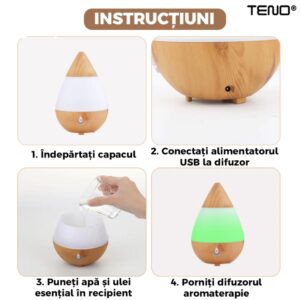 Difuzor Aromaterapie, Umidificator Silentios, 7 Culori LED cu Lumini Dinamice, Buton on/off, 235ml, Stejar Deschis, TENO214