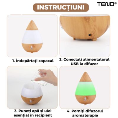Difuzor Aromaterapie, Umidificator Silentios, 7 Culori LED cu Lumini Dinamice, Buton on/off, 235ml, Stejar Deschis, TENO214