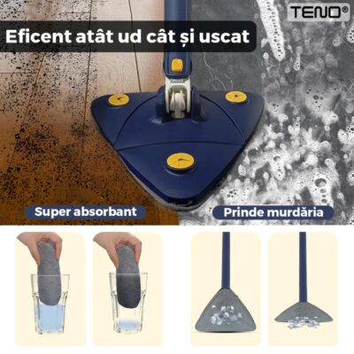 Mop Telescopic cu Cap Triunghiular, Rotire 360 Grade, 5 Lavete Incluse, 127 cm, Albastru/Galben, TENO464