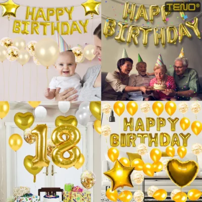 Set 27 Baloane, Litere, Pentru Petreceri/Aniversari/Evenimente, Confetti, Stelute, Inimioare, Model Happy Birthday, Auriu, TENO768