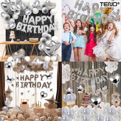Set 27 Baloane, Litere, Pentru Petreceri/Aniversari/Evenimente, Confetti, Stelute, Inimioare, Model Happy Birthday, Argintiu, TENO718