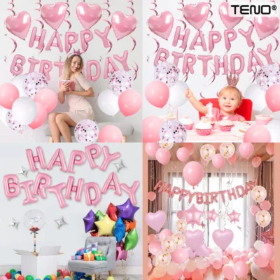 Set 27 Baloane, Litere, Pentru Petreceri/Aniversari/Evenimente, Confetti, Stelute, Inimioare, Model Happy Birthday, Rose, TENO717