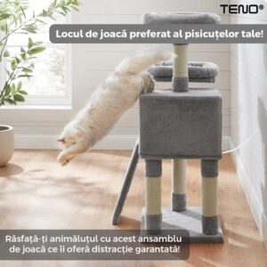 Ansamblu de Joaca Pentru Pisici, 2 Platforme de Observatie, 3 Niveluri, Franghie si Mingiute, Stalpi Pentru Zgariat, 115 cm, TENO623