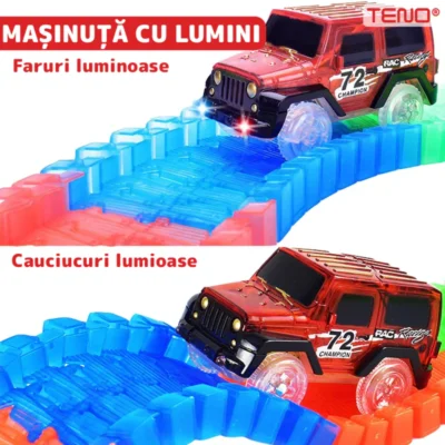 Circuit Masinute, 56 Piese, Pista Iluminata Configurabila, Fosforescenta, Masinuta cu Lumina Rosie, Multicolor, TENO517