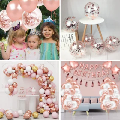 Set 14 Baloane, Confeti, Pentru Petreceri/Aniversari/Evenimente, Stea/Inima/Rotunde, 3 Culori, Latex, Rose Gold, TENO304