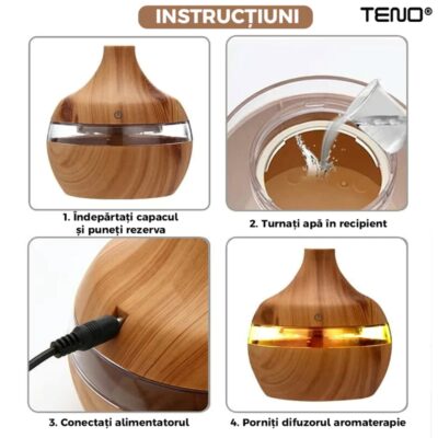 Difuzor Aromaterapie, Umidificator cu Ecran Tactil, 7 culori LED, Capacitate 200ml, Silentios, Rezerva Inclusa, Stejar Deschis, TENO209