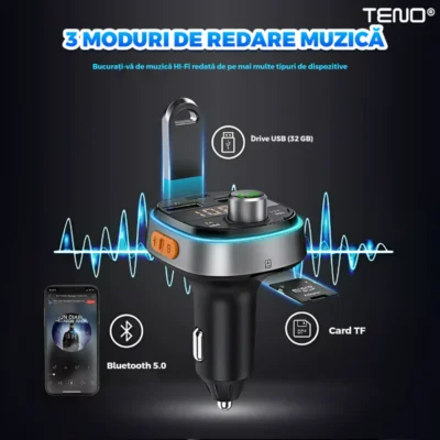 Modulator FM Auto, Bluetooth 5.0, Functie de Dubla Incarcare, Afisare Voltaj Baterie, Transmitator FM, 3 Porturi USB Type-C, Capacitate Memorie 32 GB, Ecran LED, TENO1291