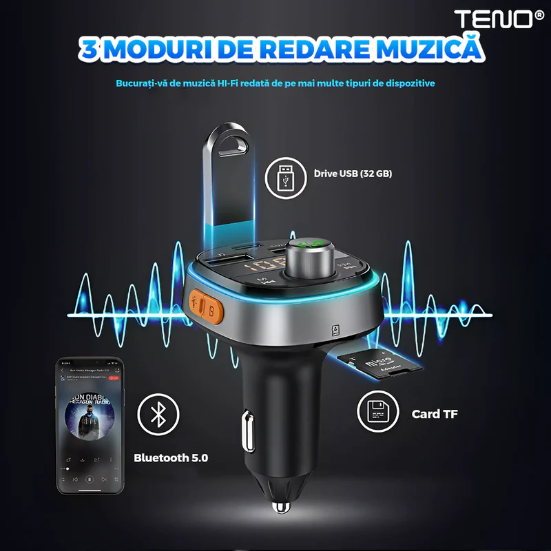 Modulator FM Auto, Bluetooth 5.0, Functie de Dubla Incarcare, Afisare Voltaj Baterie, Transmitator FM, 3 Porturi USB Type-C, Capacitate Memorie 32 GB, Ecran LED, TENO1291