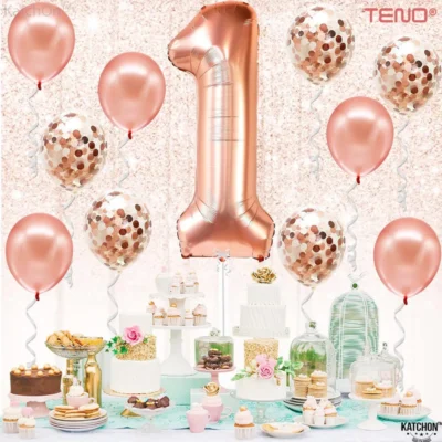Set 12 Baloane, Cifra 1, Pentru Petreceri/Aniversari/Evenimente, Stea/Rotunde/Confetti, 3 Culori, Latex, Rose Gold, TENO1060