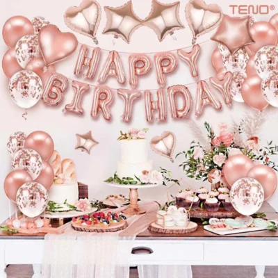 Set 25 Baloane, Litere, Pentru Petreceri/Aniversari/Evenimente, Confetti, Inimioare, Model Happy Birthday, Rose Gold, TENO754