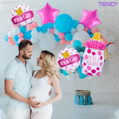 Set 7 Baloane, Pentru Petreceri/Evenimente, Baloane Bebe, Biberon, Caciulita, Confetti, Model GENDER REVEAL, Multicolor, TENO751