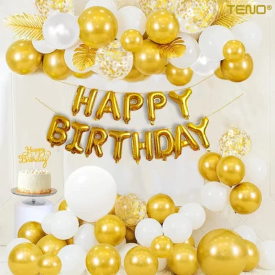 Set 27 Baloane, Litere, Pentru Petreceri/Aniversari/Evenimente, Confetti, Stelute, Inimioare, Model Happy Birthday, Auriu, TENO768