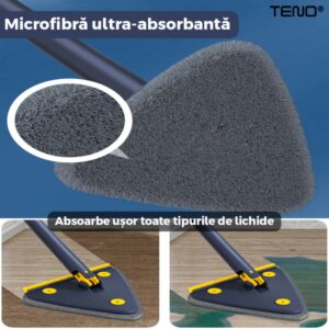 Mop Telescopic cu Cap Triunghiular, Rotire 360 Grade, 5 Lavete Incluse, 127 cm, Albastru/Galben, TENO464