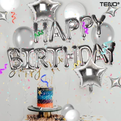 Set 27 Baloane, Litere, Pentru Petreceri/Aniversari/Evenimente, Confetti, Stelute, Inimioare, Model Happy Birthday, Argintiu, TENO718