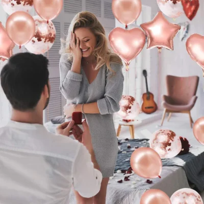 Set 14 Baloane, Confeti, Pentru Petreceri/Aniversari/Evenimente, Stea/Inima/Rotunde, 3 Culori, Latex, Rose Gold, TENO304