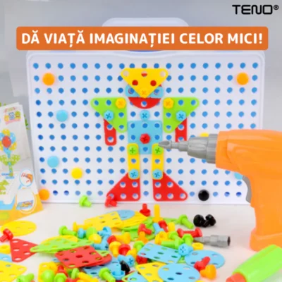 Jucarie Educativa si Interactiva 4in1, 237 Piese, Bormasina Pentru Inginerie, Puzzle 3D/2D, Dezvoltare STEM, Montessori, Multicolor, TENO514