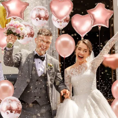 Set 14 Baloane, Confeti, Pentru Petreceri/Aniversari/Evenimente, Stea/Inima/Rotunde, 3 Culori, Latex, Rose Gold, TENO304