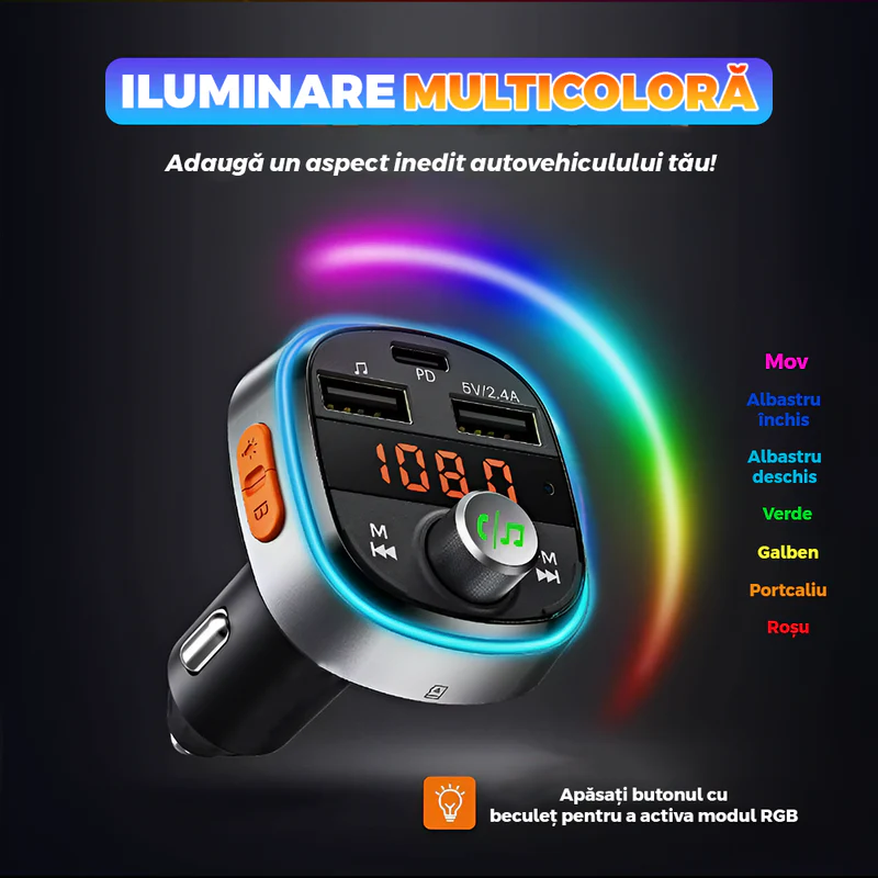 Modulator FM Auto, Bluetooth 5.0, Functie de Dubla Incarcare, Afisare Voltaj Baterie, Transmitator FM, 3 Porturi USB Type-C, Capacitate Memorie 32 GB, Ecran LED, TENO1291
