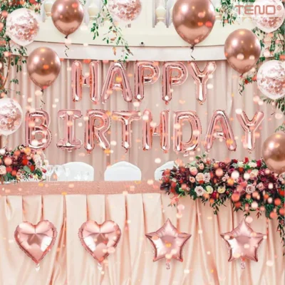 Set 25 Baloane, Litere, Pentru Petreceri/Aniversari/Evenimente, Confetti, Inimioare, Model Happy Birthday, Rose Gold, TENO754