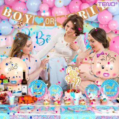 Set 7 Baloane, Pentru Petreceri/Evenimente, Baloane Bebe, Biberon, Caciulita, Confetti, Model GENDER REVEAL, Multicolor, TENO751