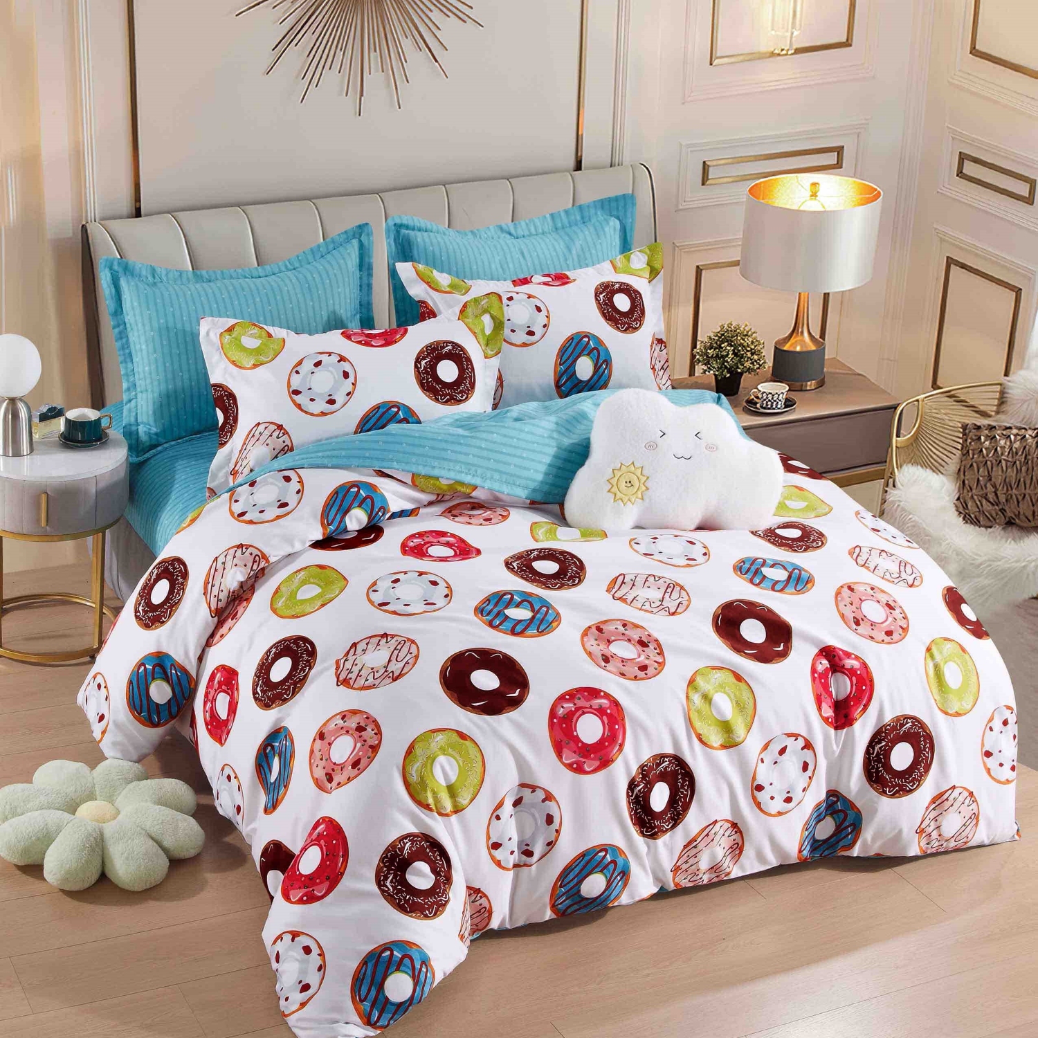 Lenjerie pat single 1 Persoana, 4 PIESE, Bumbac Finet, Model Gogosi, Multicolor, J22045