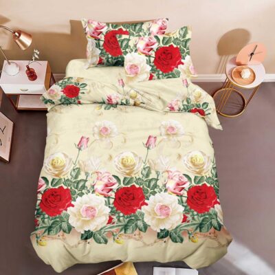Lenjerie pat 1 Persoana, 4 PIESE, Bumbac Satinat, 3D, Floricele, Multicolor, C22106-ELASTIC