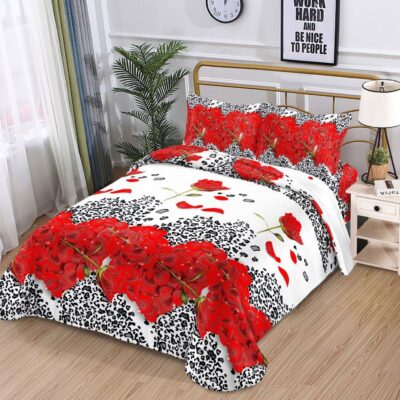 Lenjerie pat 1 Persoana, 4 PIESE, Bumbac Satinat, 3D, Trandafiri Si Leopard, Multicolor, C22114-ELASTIC