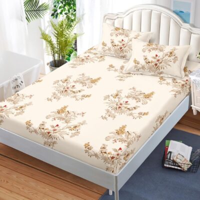 Husa Pat dublu cu Elastic, Bumbac Finet, Inflorat, Crem, C22196